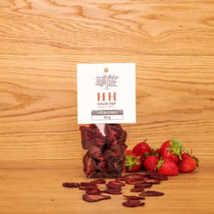 getrocknete Erdbeeren in durchsichtiger Verpackung mit getrockneten und frischen Früchten im Hintergrund