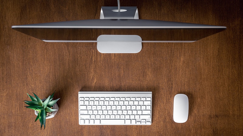 Ansicht von Oben auf einen Bildschirm, einer weissen Tastatur, einer weissen Computermaus und einem kleinen Kaktus. Minimalismus am Arbeitsplatz.